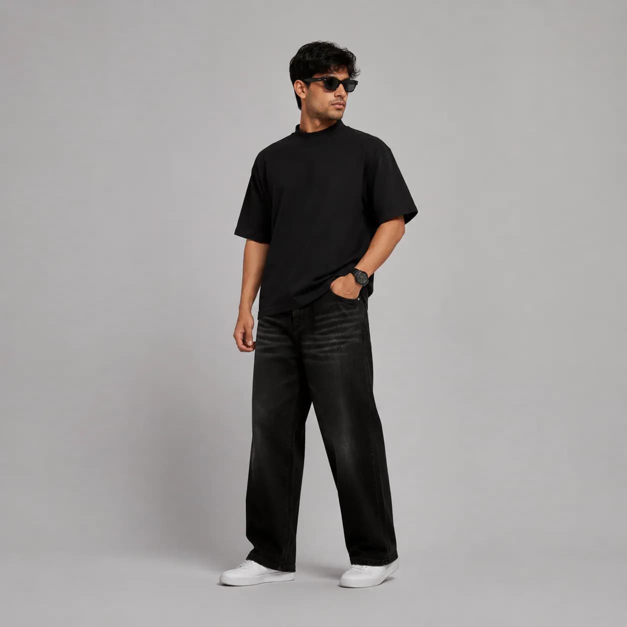 Black Horizon Soft Baggy Loose Fit Jeans - front view