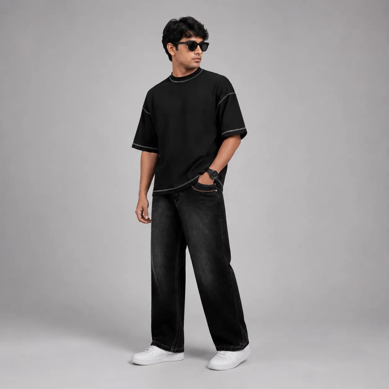 Onyx Black Mid Rise Bootcut Jeans - front view