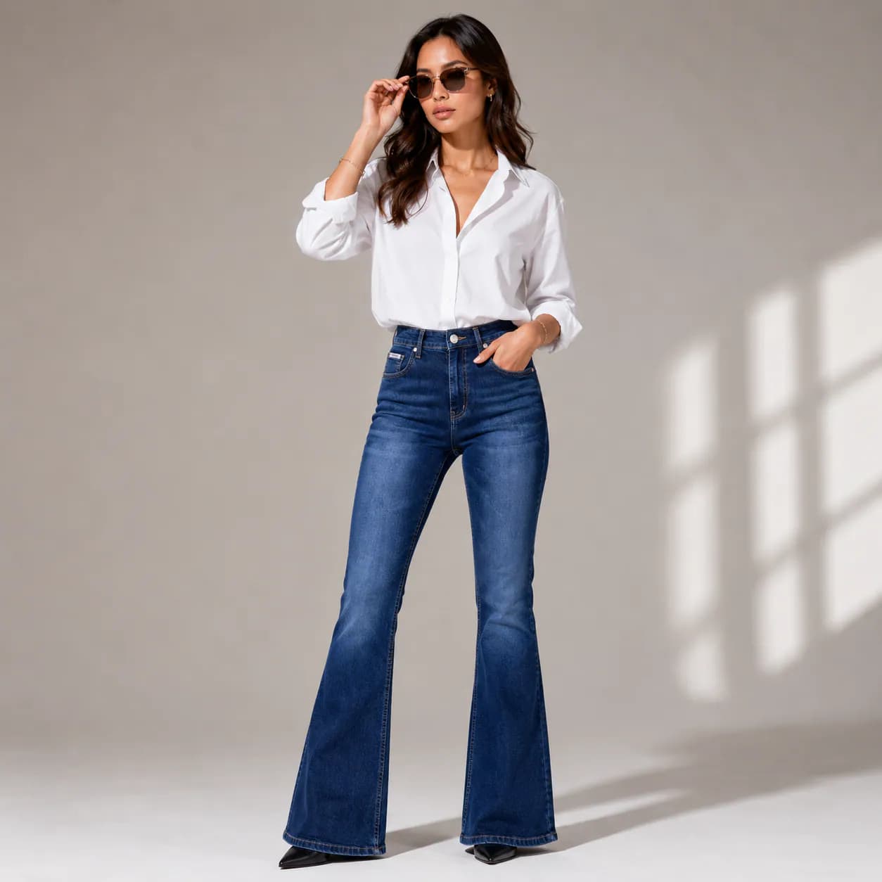 Classic Indigo Blue High Waist Bootcut Jeans - front view