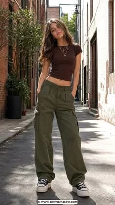 Forest Olive Green High Waist Relaxed Cargo Pants - front view
