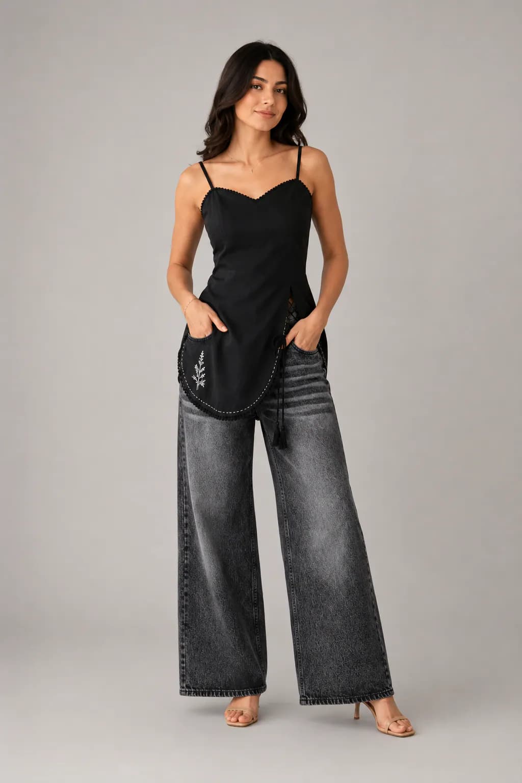 Charcoal Noir Grey High Waist Wide Leg Jeans - front view