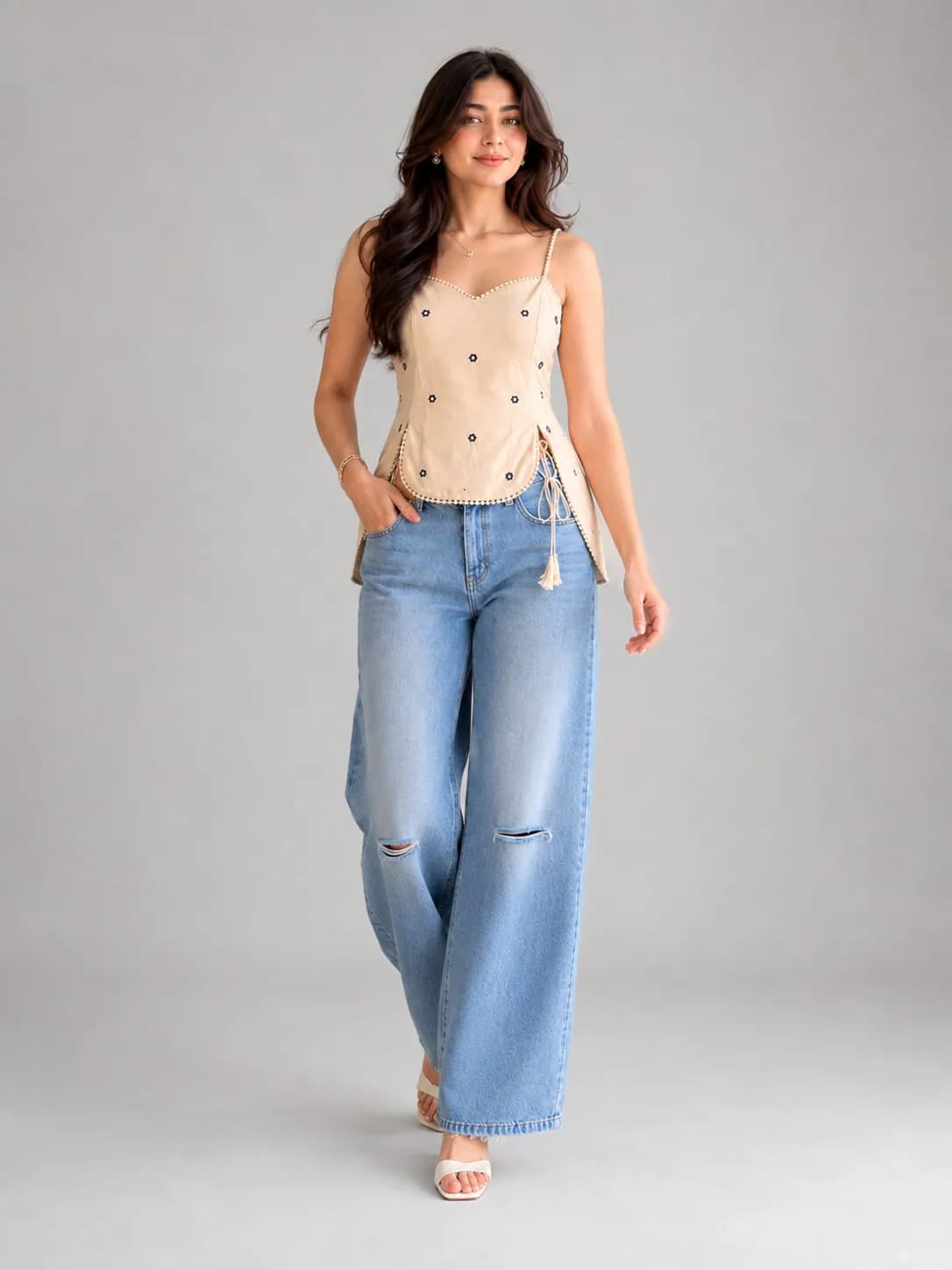 Ice Rip Blue High Waist Distressed Wide Leg Jeans - front view
