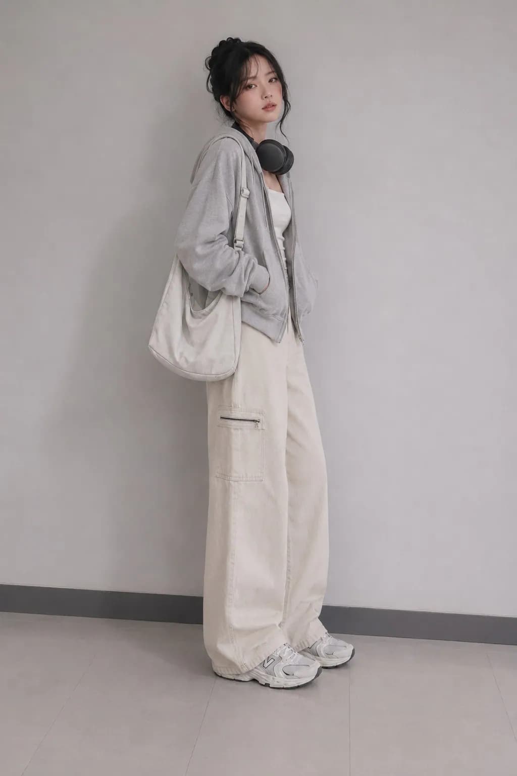 Ivory Utility High Waist Cargo Wide Leg Jeans - front view