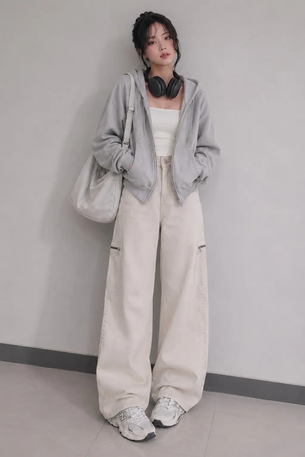Ivory Utility High Waist Cargo Wide Leg Jeans - side view