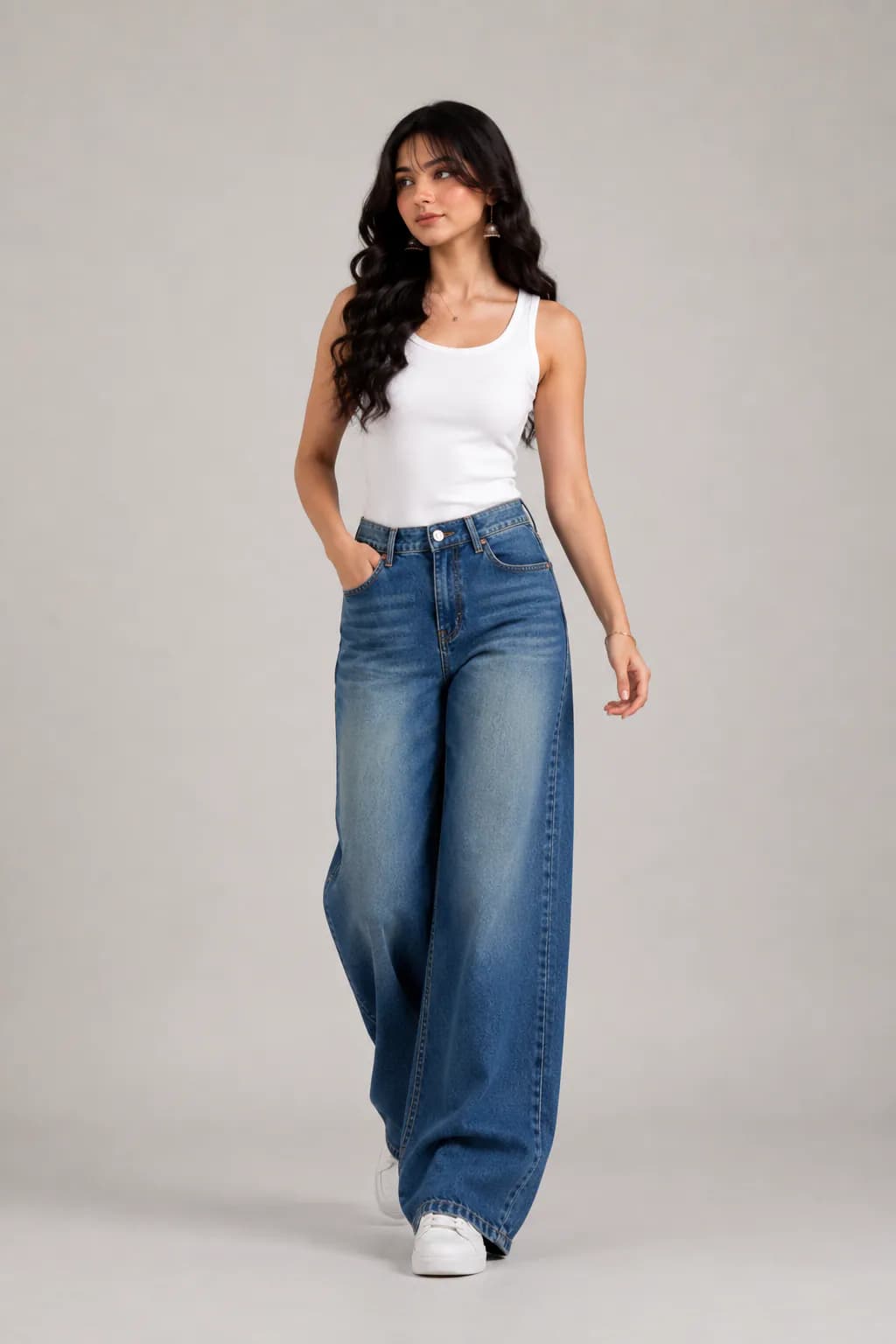 Ocean Flow Blue High Waist Baggy Wide Leg Jeans - side view