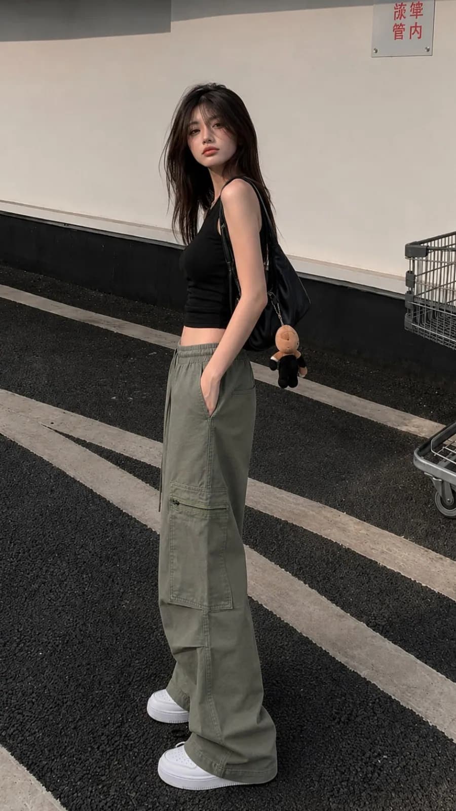 Olive Terrain Green High Waist Cargo Wide Leg Jeans - front view
