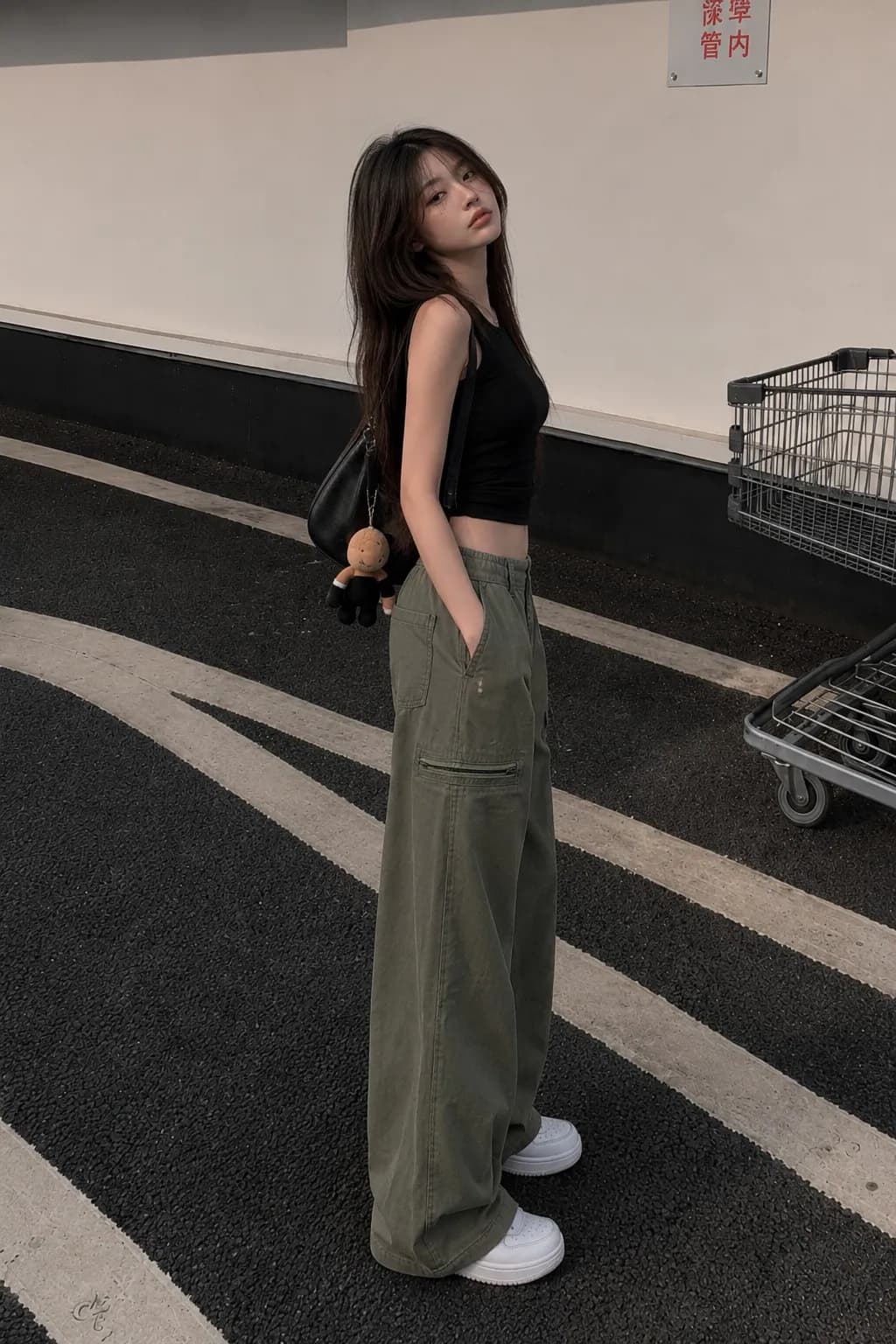Olive Terrain Green High Waist Cargo Wide Leg Jeans - fabric detail