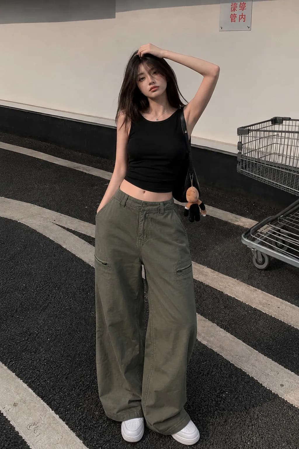 Olive Terrain Green High Waist Cargo Wide Leg Jeans - back view