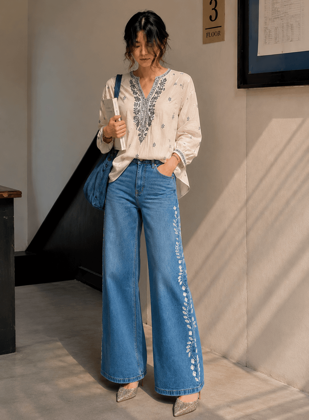 INDIGO ORNATE WIDE LEG Front